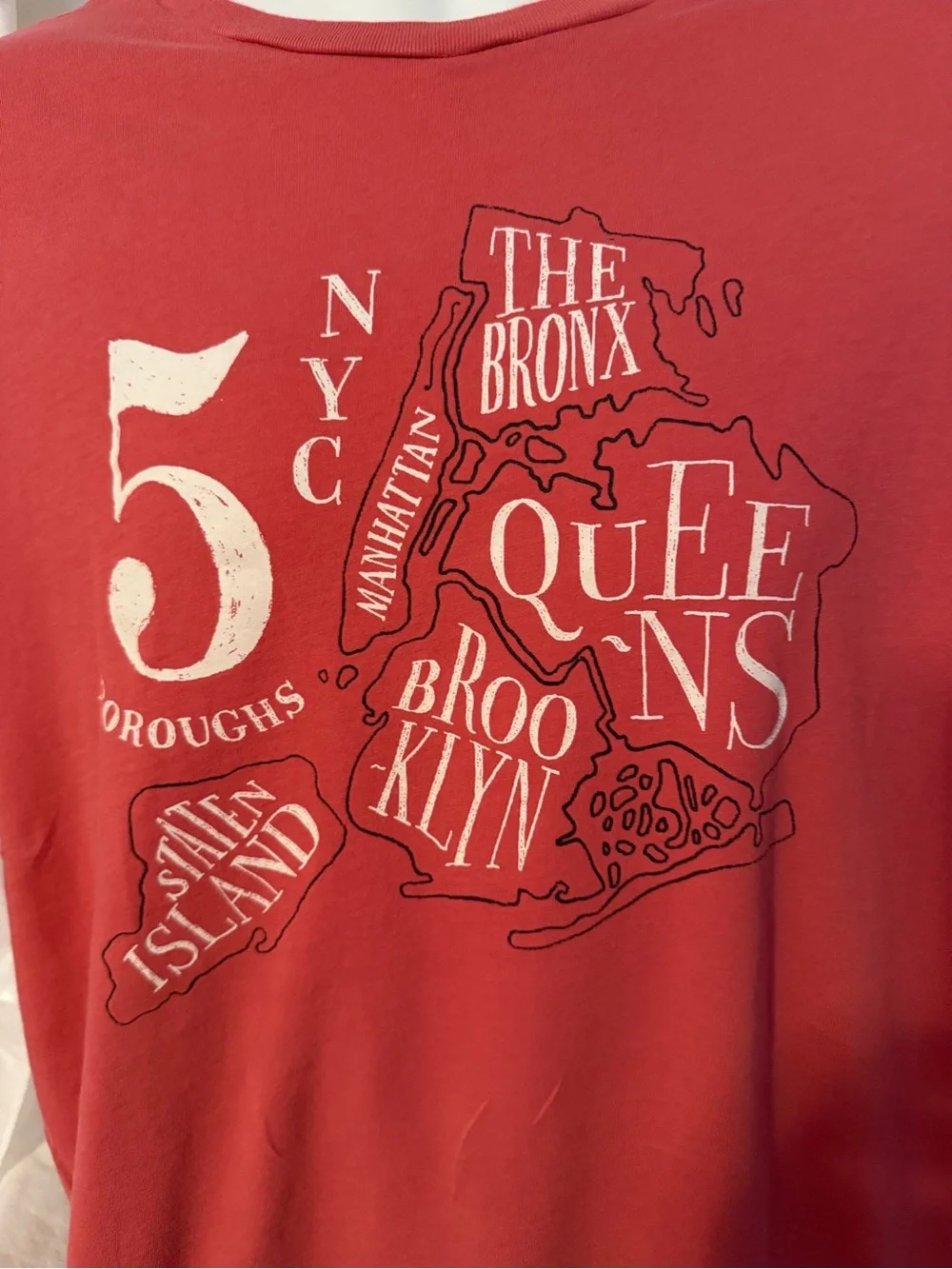 J. Crew Men's NYC Boroughs Graphic Tee - Coral Red with White Print